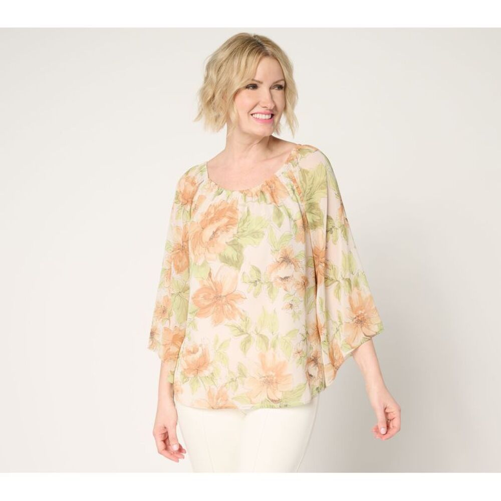 Dennis Basso Women's Top Sz XL Printed Chiffon Gathered Multi-colored A715369